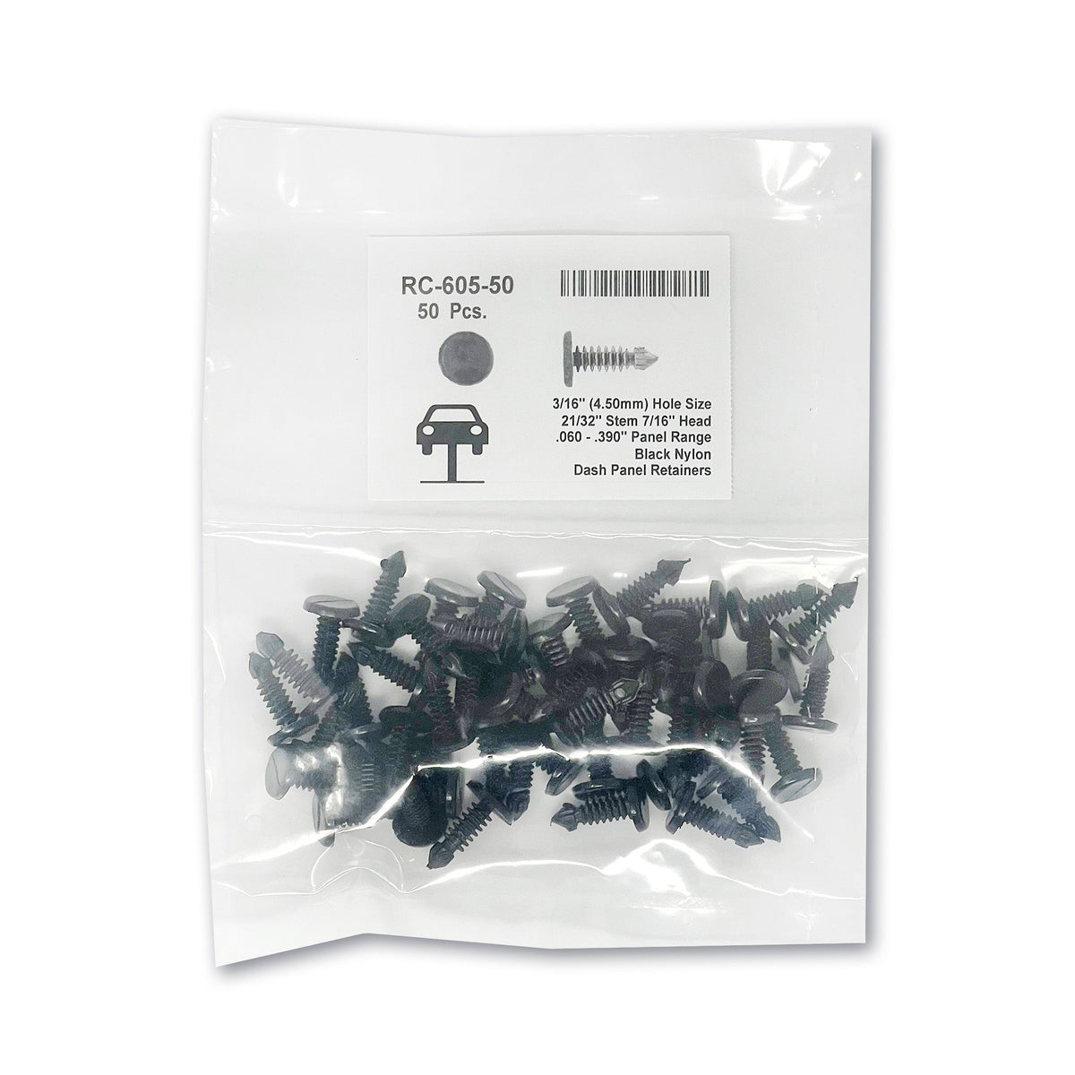 Black Nylon Dash Panel Ret - 3/16" Hole 7/16" Head (50pk)