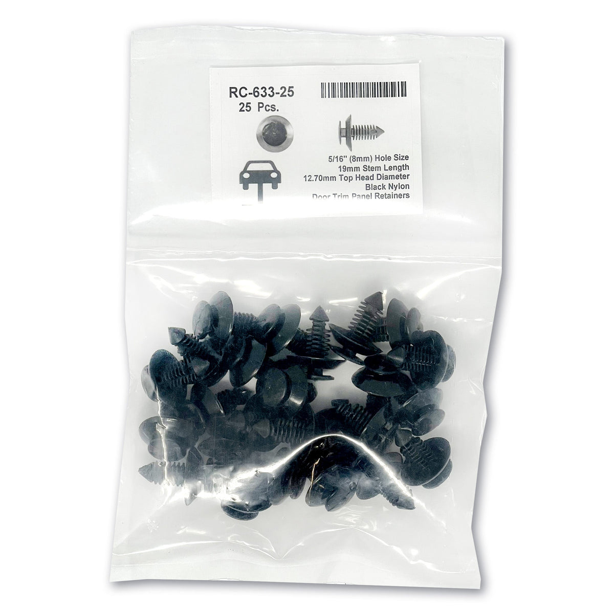 Black Nylon Door Panel Ret - 5/16" (8mm) Hose Size, 19mm stem length (Pack of 25)