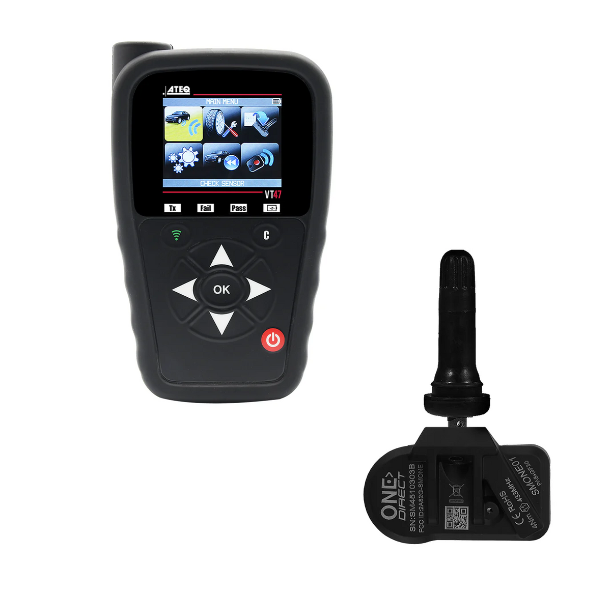 Unlocked VT48 TPMS Tool + 100 "One-Direct" TPMS Sensor Kit - Single Rubber Valve