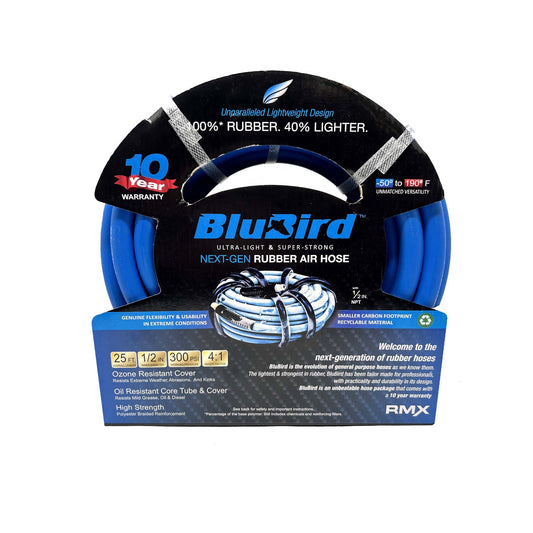 Blu-Bird Air Hose 1/2in X 25ft, 2 x 1/2in Male NPT with 3/8in Reducers