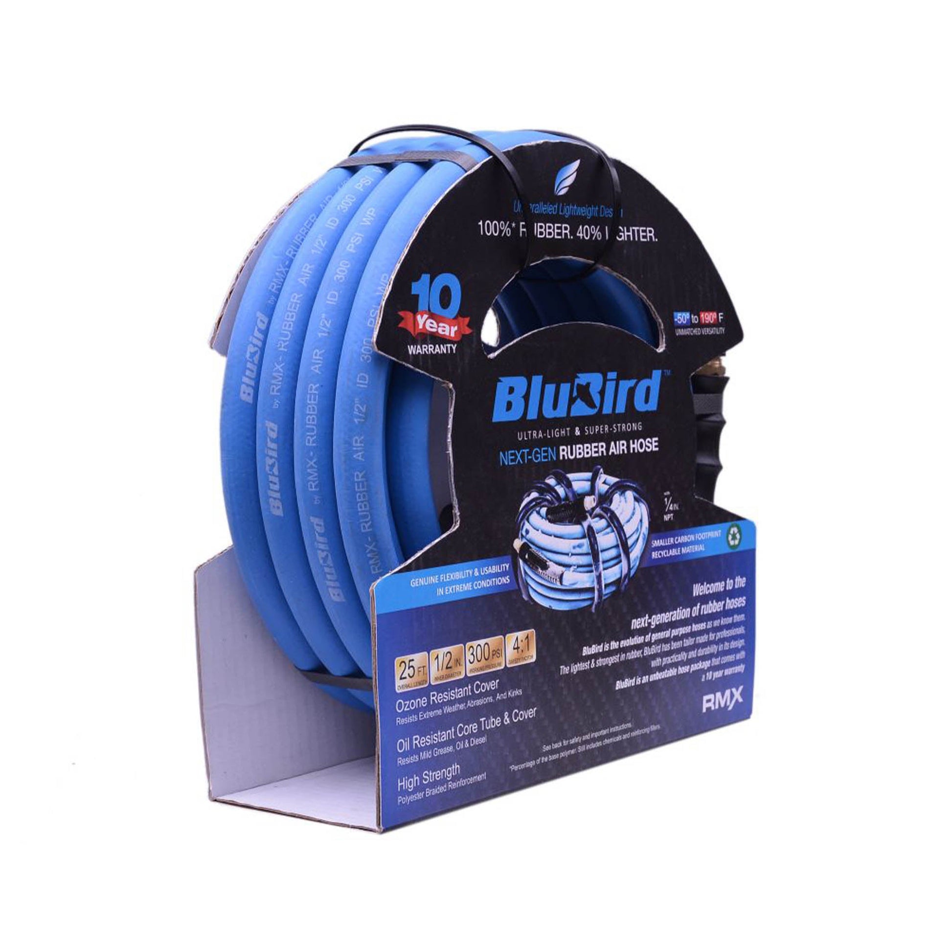 Blu-Bird Air Hose 1/2in X 25ft, 2 x 1/2in Male NPT with 3/8in Reducers