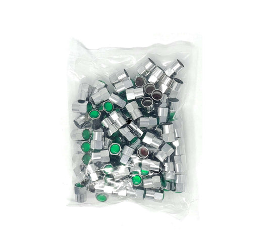 Chrome Plastic Hex Valve Cap with Green Top - 100/Box