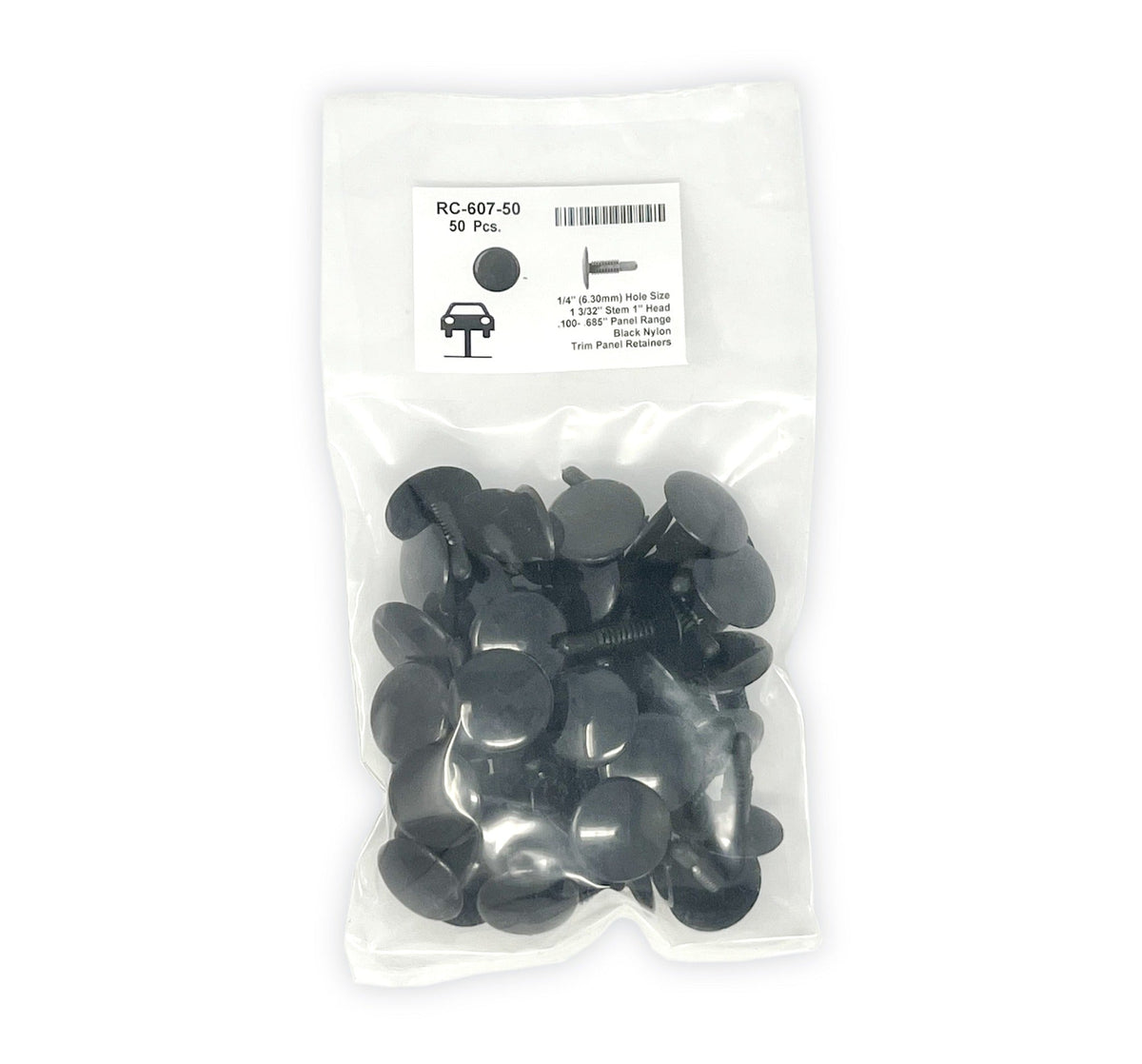 Black Nylon Trim Panel Retainer Clip . - 1/4" Hole Size 1 3/32" Stem (Pack of 50)