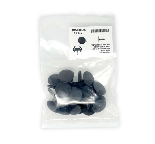 Black Universal Nylon Shield Retainer Head Diameter 1",  Stem Diameter 1/4", Stem Length 25/32" Ford # N808370-S (pack of 25)