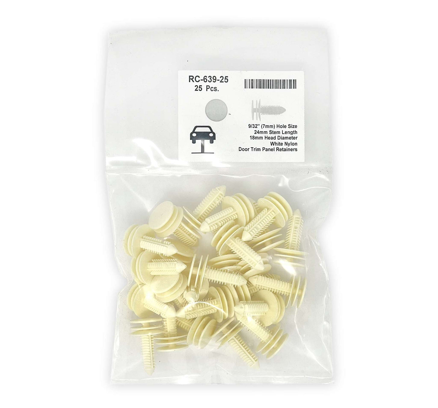 White Nylon Door Panel Retainer Clip - 7mm Hole Size 24mm Stem Length (Pack of 25)