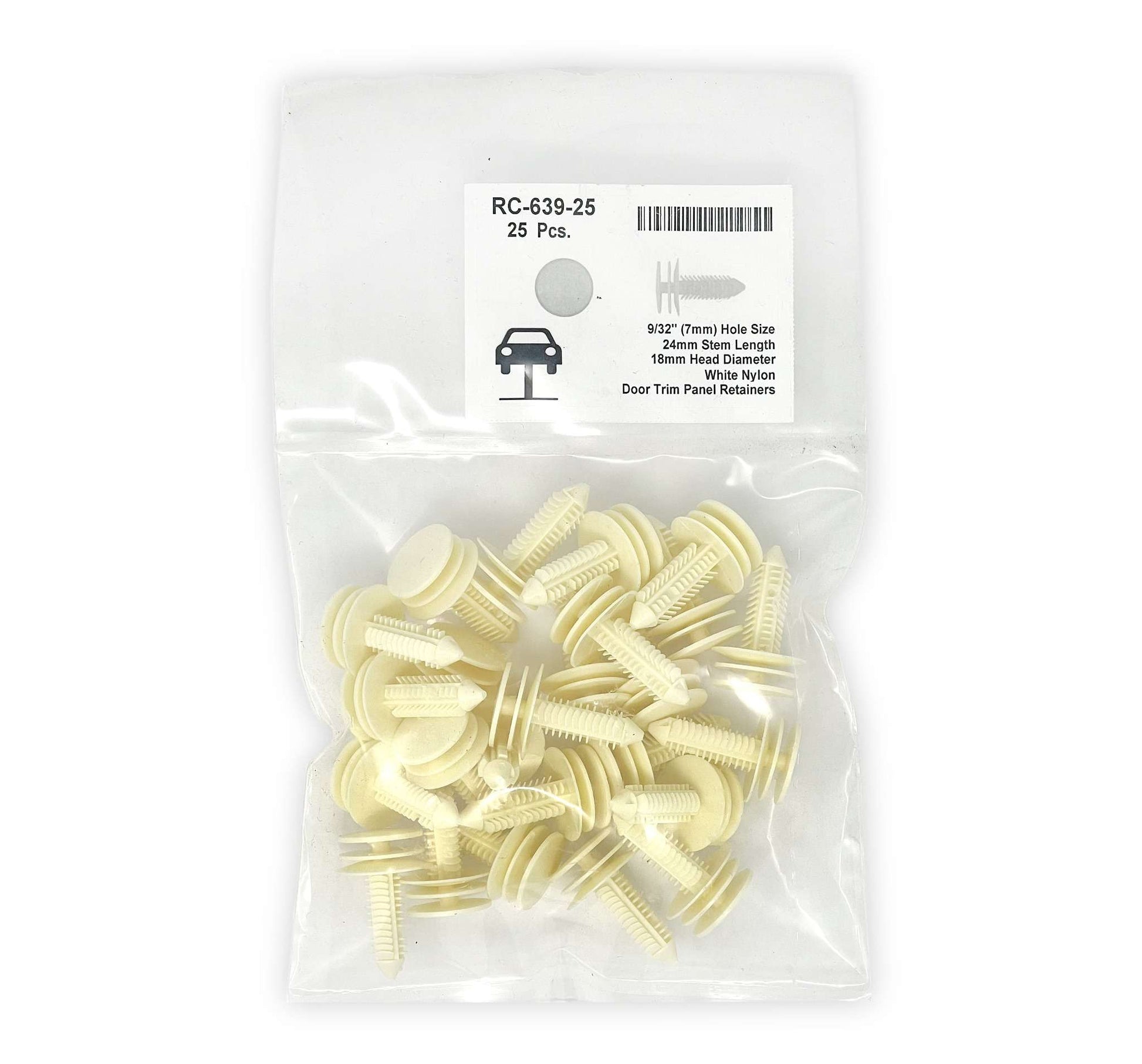 White Nylon Door Panel Retainer Clip - 7mm Hole Size 24mm Stem Length (Pack of 25)