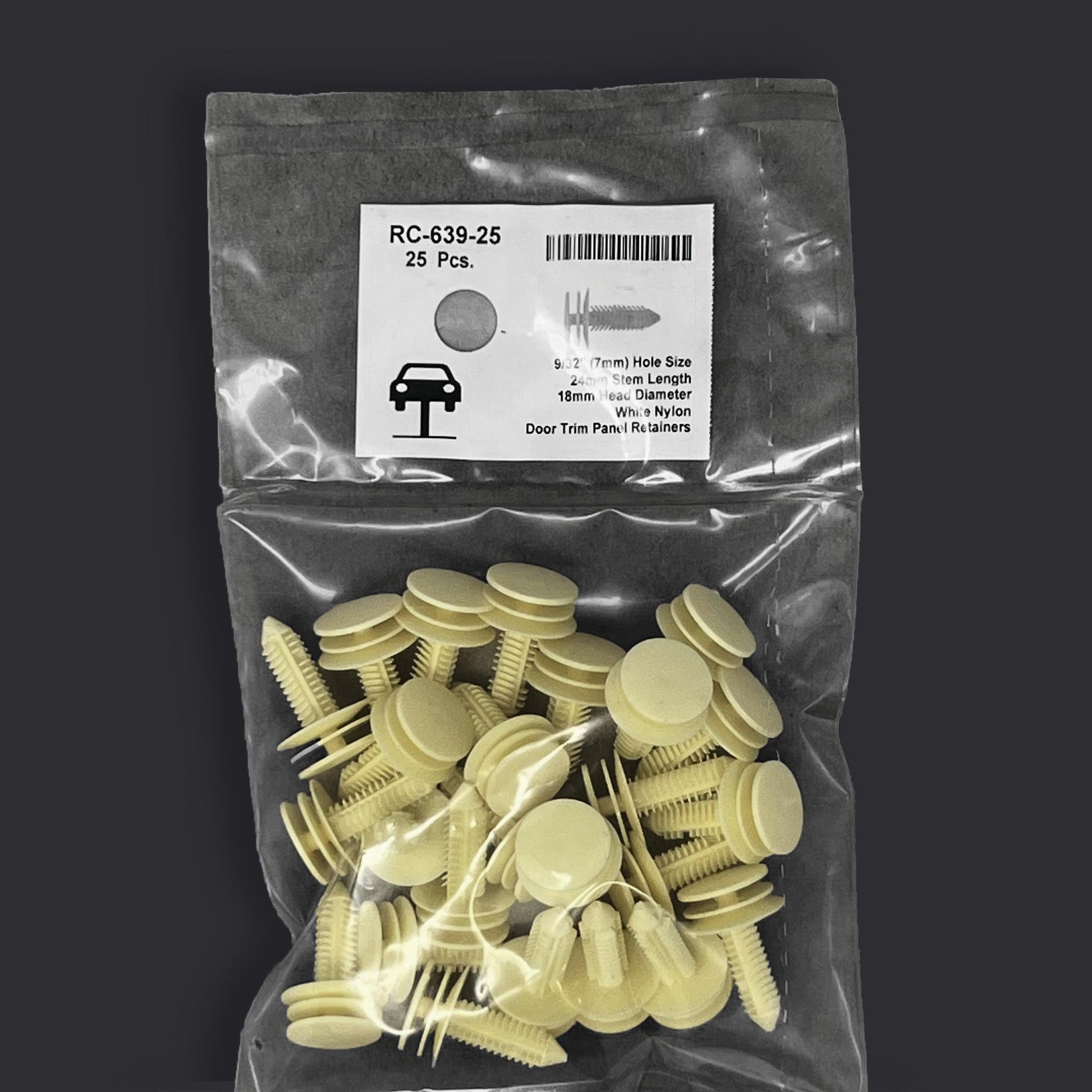White Nylon Door Panel Retainer Clip - 7mm Hole Size 24mm Stem Length (Pack of 25)
