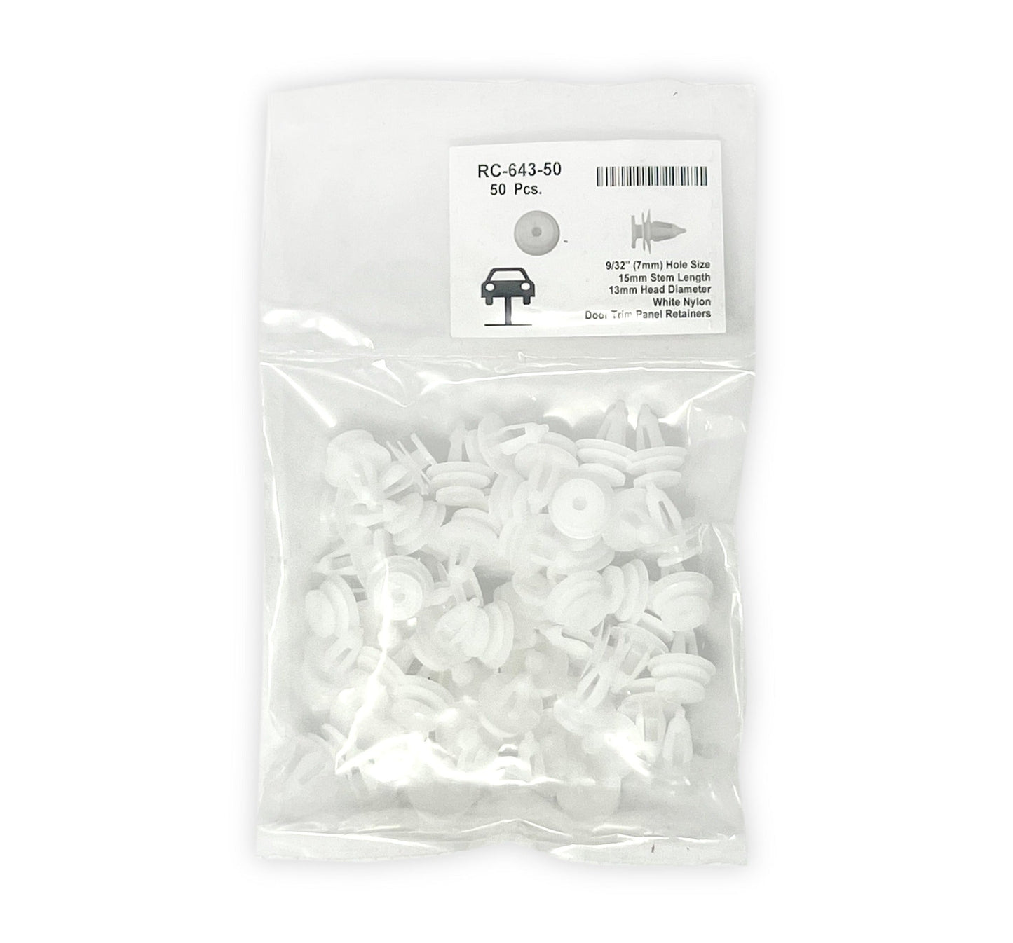 White Nylon Door Panel Retainers - 7mm Hole 13mm Head 15mm Stem (Pack of 50)