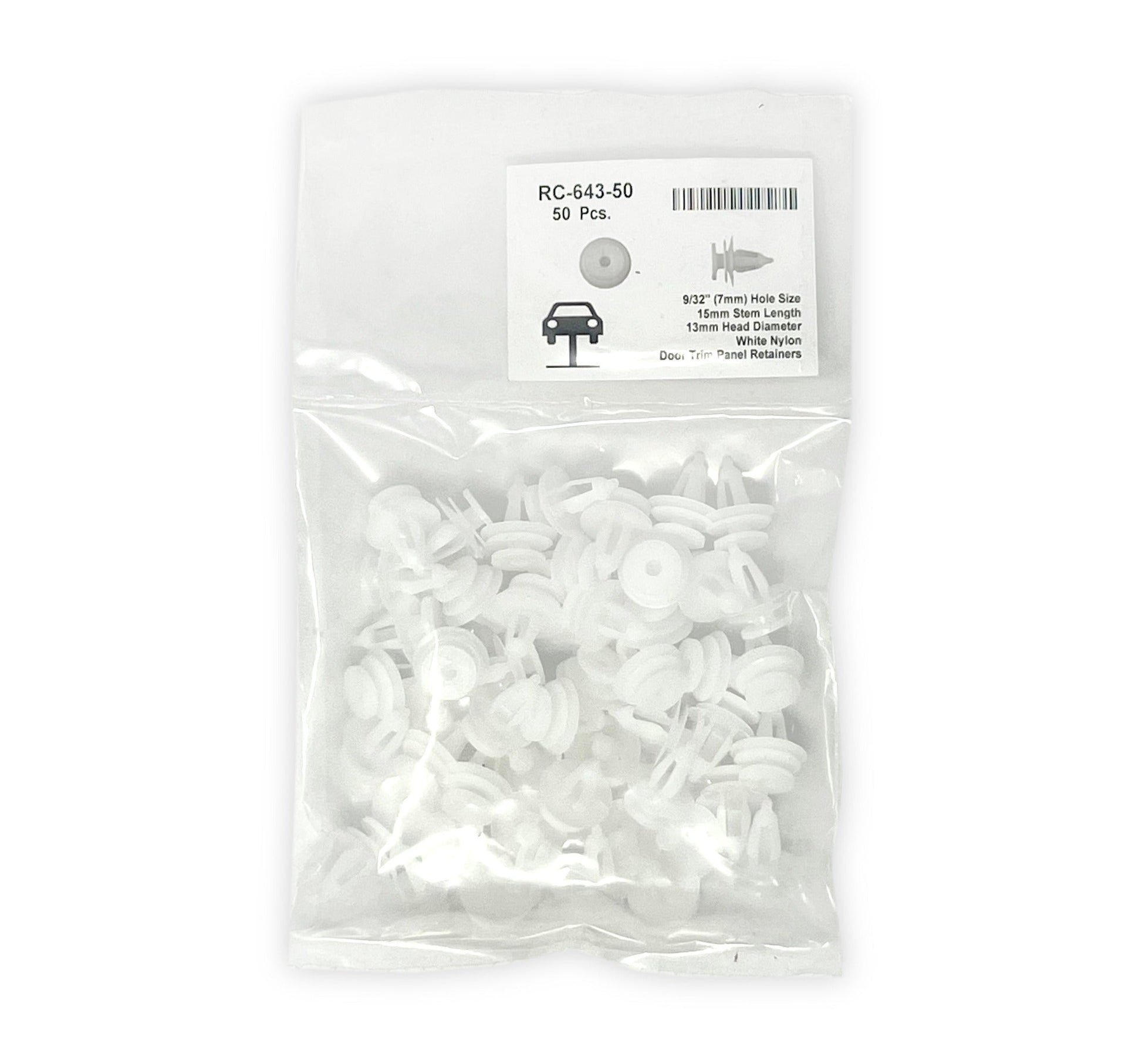 White Nylon Door Panel Retainers - 7mm Hole 13mm Head 15mm Stem (Pack of 50)