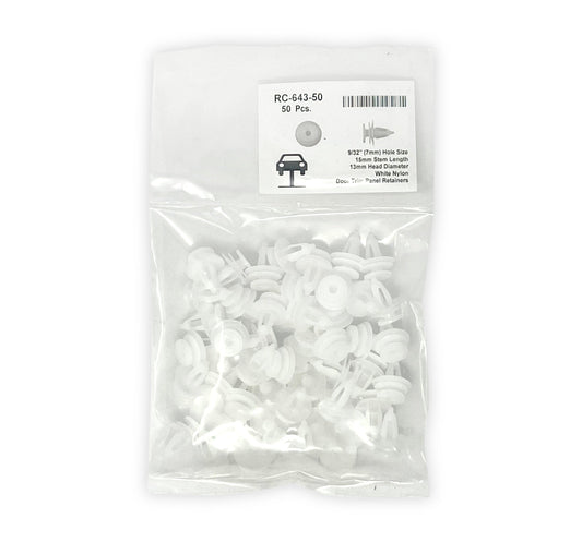 White Nylon Door Panel Retainers - 7mm Hole 13mm Head 15mm Stem (Pack of 50)