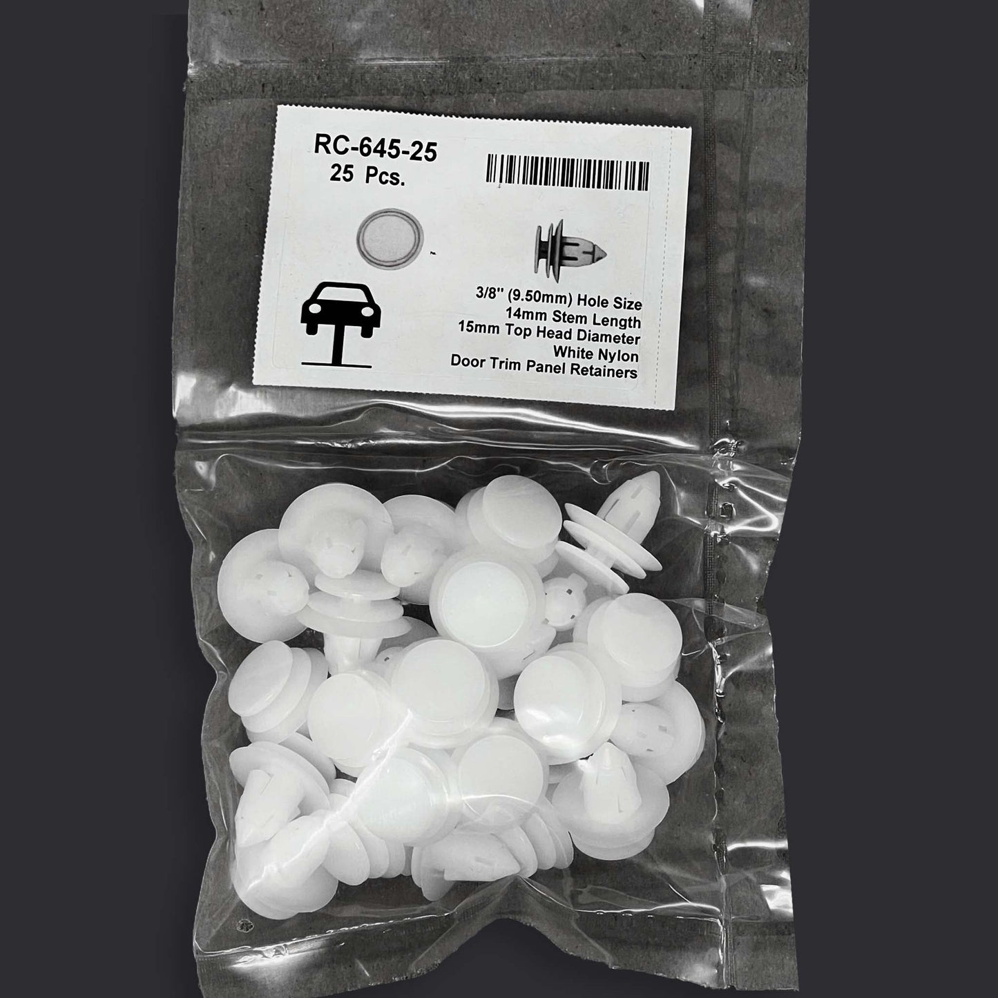 White Nylon Door Panel Retainer - 9.5mm Hole 15mm Head 14mm Stem (Pack of 25)