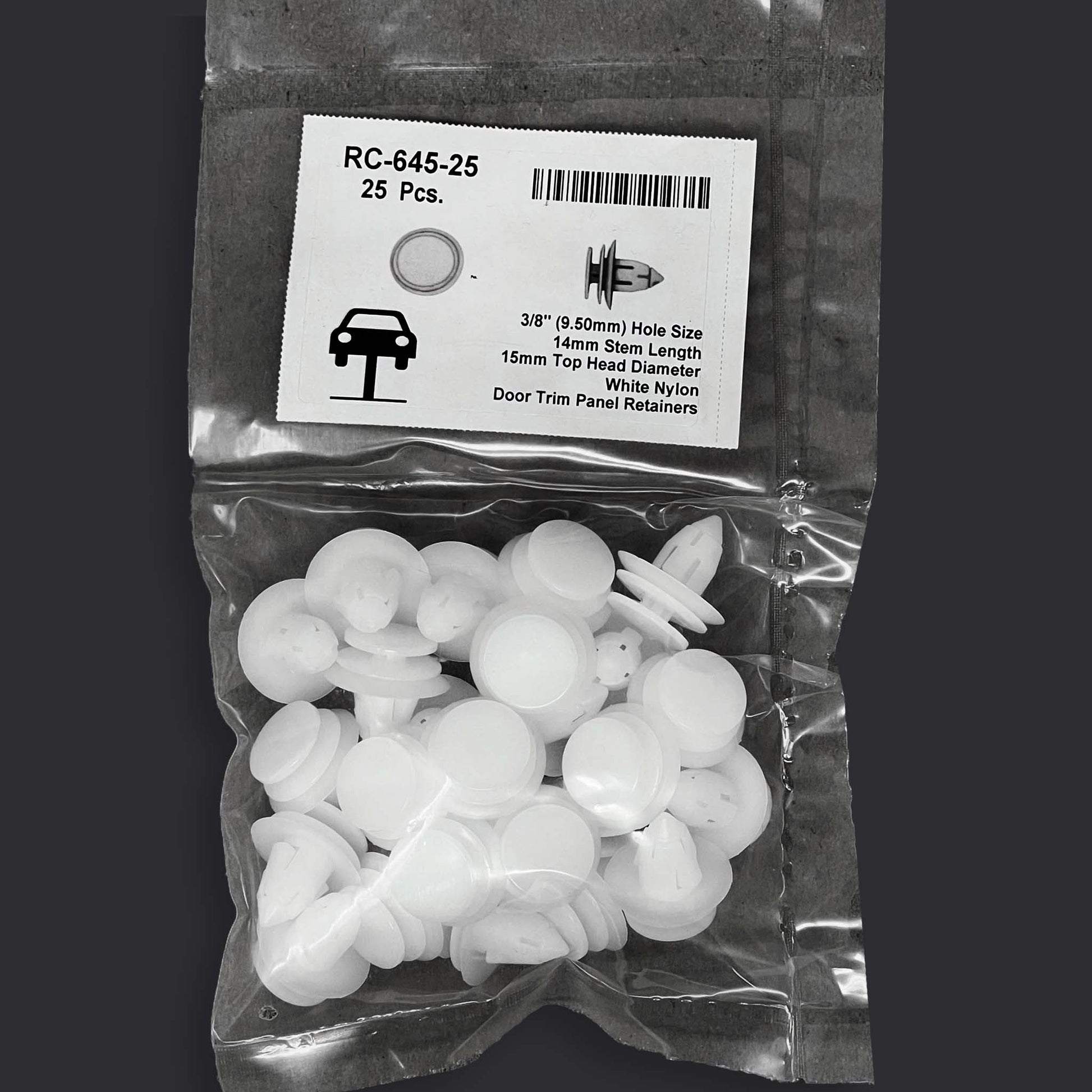 White Nylon Door Panel Retainer - 9.5mm Hole 15mm Head 14mm Stem (Pack of 25)
