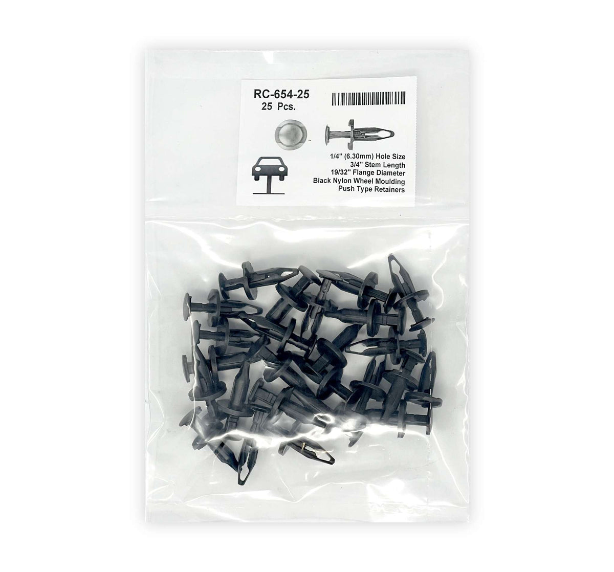 Black Nylon Wheel Opening Molding Push-Type Retainer  Head Diameter 19/32", Stem Length 3/4", Fits Into 1/4" Hole GM #21077123 (25 pack)