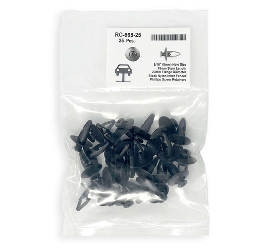 Black Nylon Inner Fender Shield Blind Rivet, Head Diameter 20mm, Stem Length 18mm, Fits Into 8mm Hole (Pack of 25)