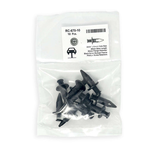 Black Nylon Bumper Fascia Retainer - 10mm Hole Size 28mm Stem Length (Pack of 10)