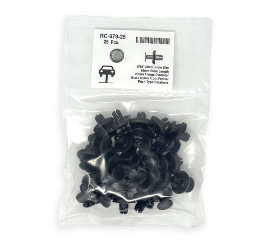 Black Nylon Front Bumper Push-Type Retainer Head Diameter 20mm, Stem Length 13mm, Fits Into 10mm Hole (Pack of 25)