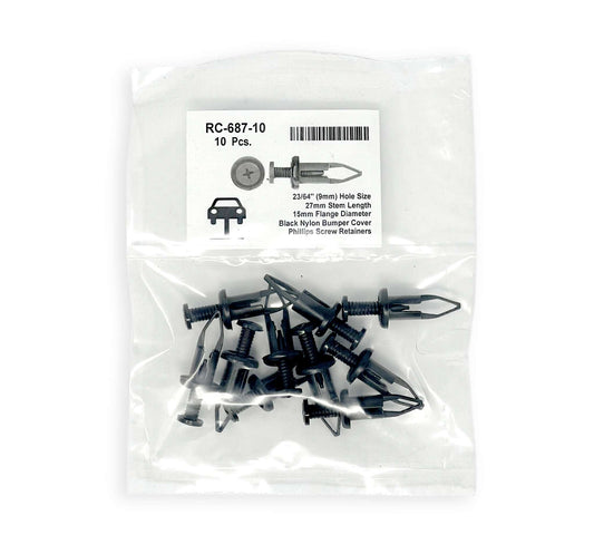 Black Nylon Bumper Cover Rivet - 9mm Hole Size 27mm Stem Length (Pack of 10)